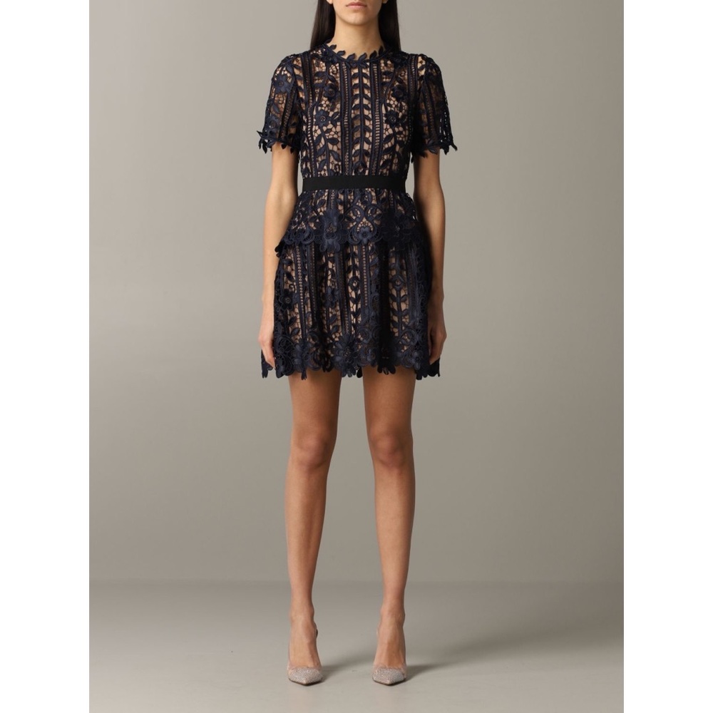 Self Portrait Floral Lace Short Sleeve A Line Dress Navy Nude Size US10 - Picture 6 of 12
